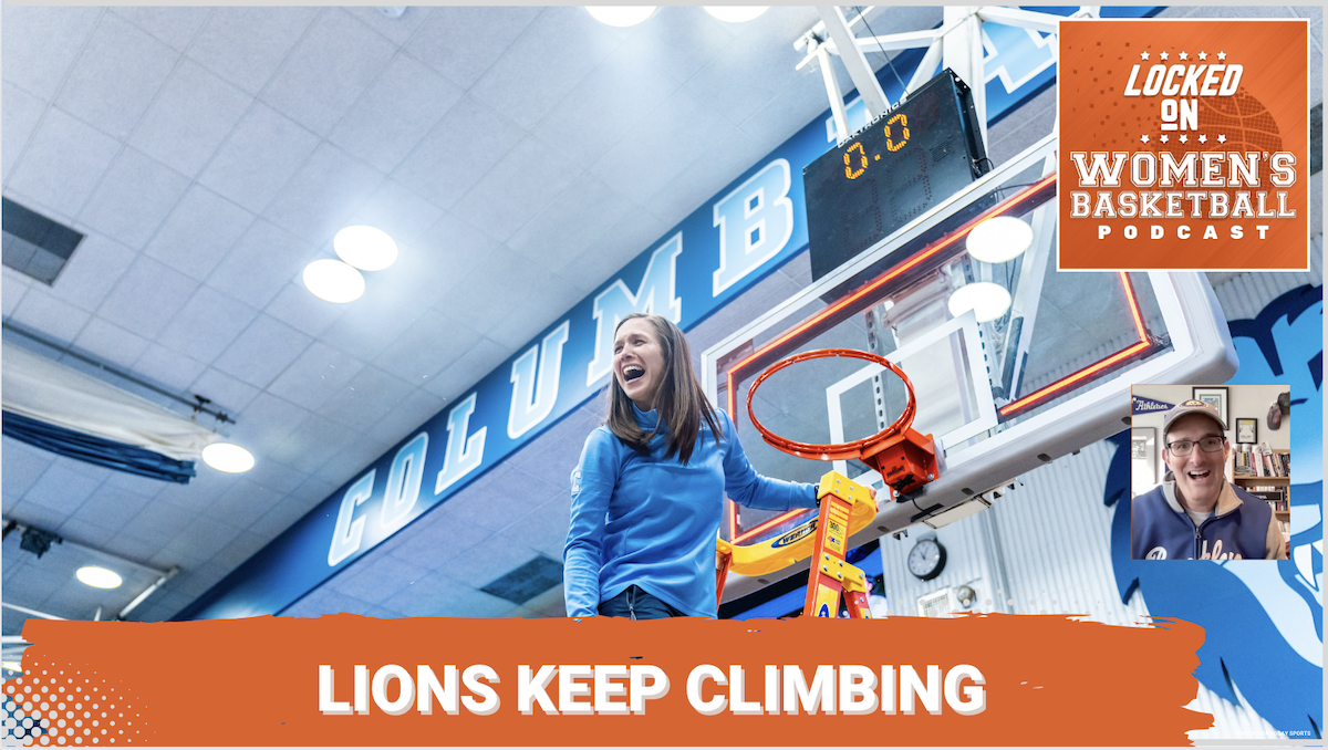 Graphic with a photo of Columbia head coach Megan Griffith taking down the net. Text under photo: "Lions keep climbing"